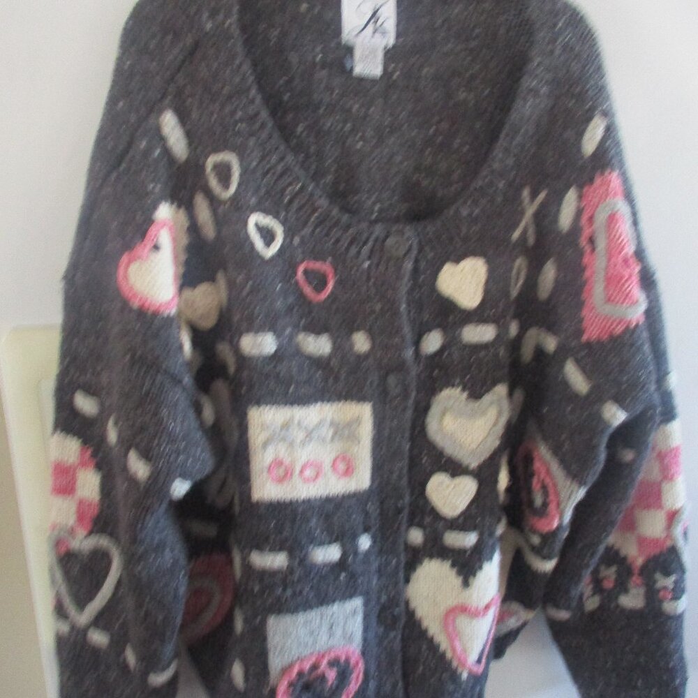 Vintage gray thick knit button cardigan AK gray hearts  22 24